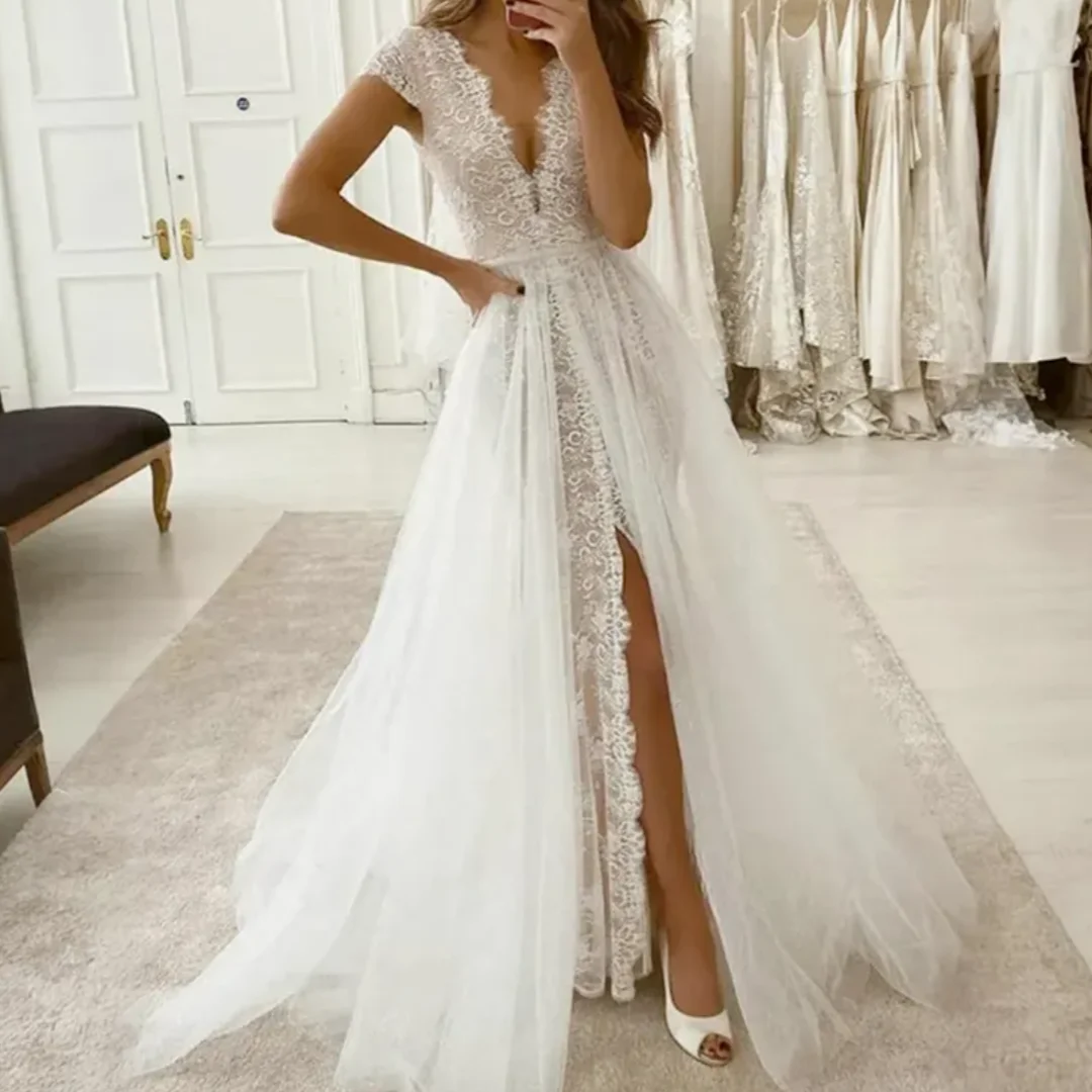 

Beach A Line Wedding Dresses Tiered Tulle Marriage for African Arabic Black Women Deep V Neck Short Sleeves Bridal Dresses