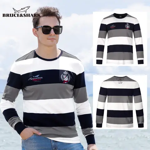 2025 Autumn Men's Grey T-shirts Full Sleeve Bruce&Shark Fashion Embroidery Contrasting Tops Classic Base Men's Tees Big Size 4XL