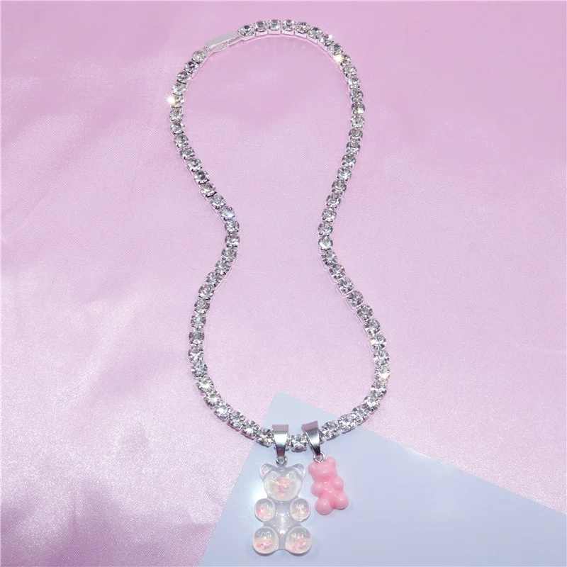 Handmade Rhinestone Colorful Jelly Teddy Bear Charm Necklace Hip Hop Gummy Pendant Crystal Accessories Chain Necklace Jewelry