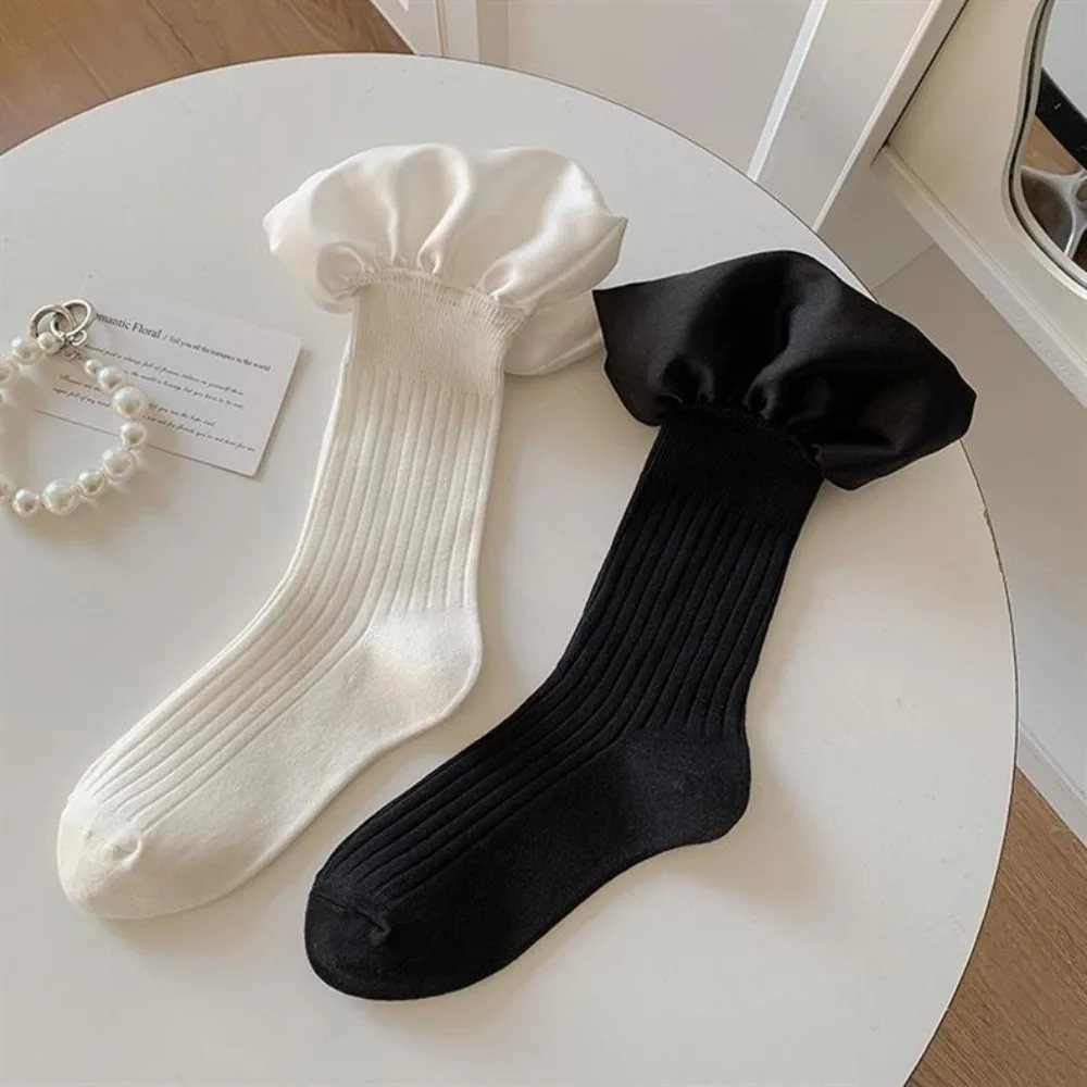 

Милые плиссированные носки ручной работы до середины икры, черно-белые носки в стиле Лолиты с краем лотоса, хлопковые носки с 3D пузырьковым ртом