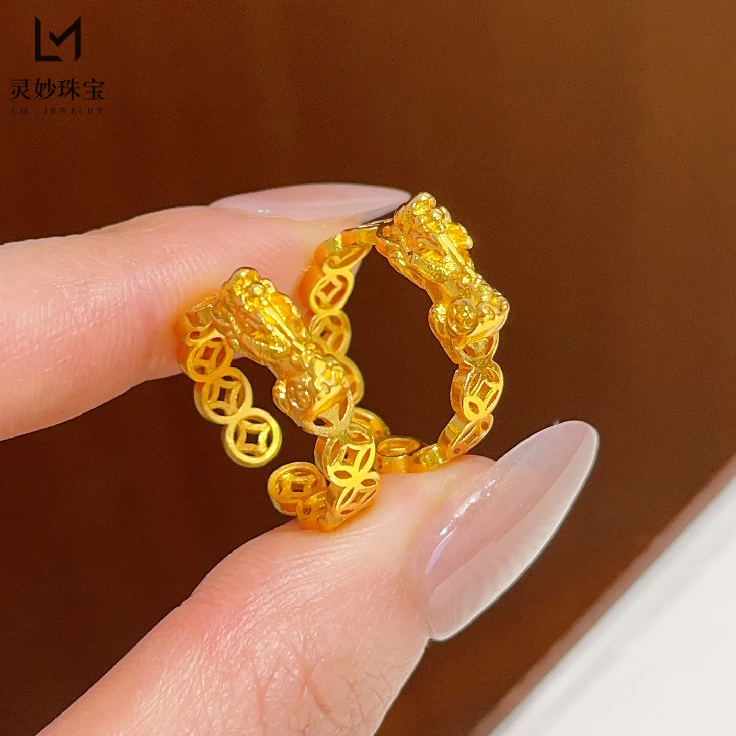 

24K Gold Pixiu Copper Coin Open Ring Women's AU999 - Exquisitely carved 3D pixiu design, suitable for gifting and personal use