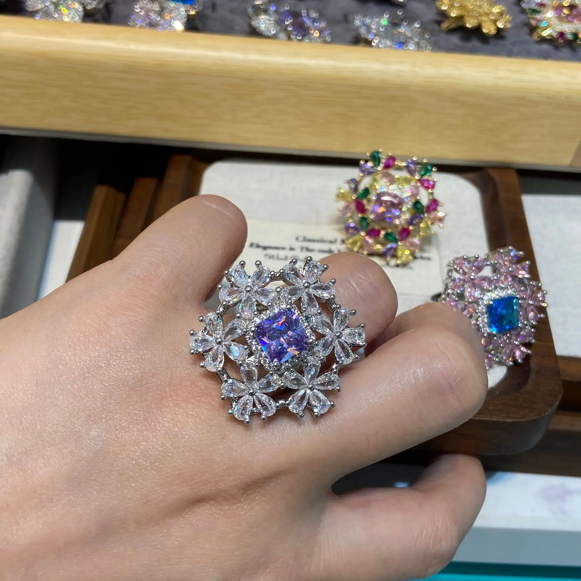 

snowflower ring for women sparkly zirconia white pink colorful flower ring cute jewelry