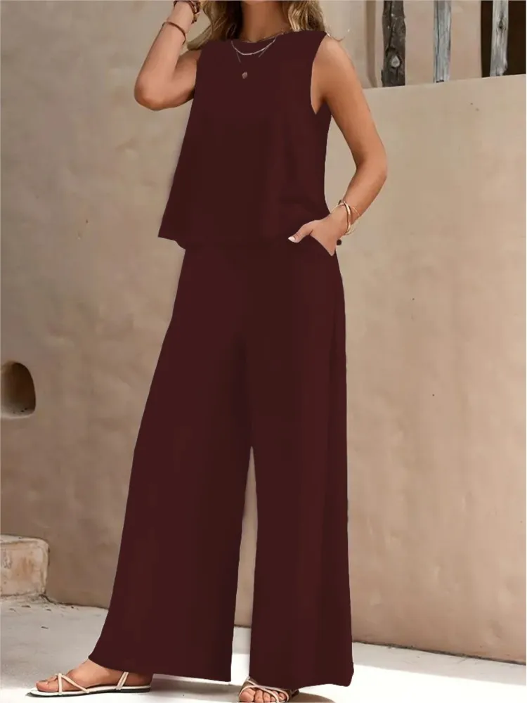 Summer Fashion New Casual Two Piece Set For Women Sleeveless Solid Crew Neck Tank Top Loose Wide Legs Trousers Ladies Sets