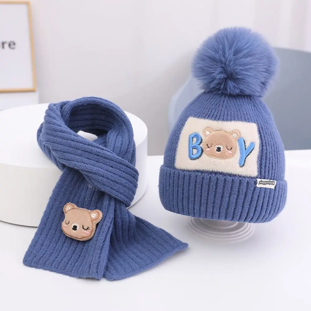 Autumn Bear Baby Hat Scarf Set Neck Scarf Solid Color Kids Crochet Hat Korean Style Children\'s Ear Protection Hat Girls