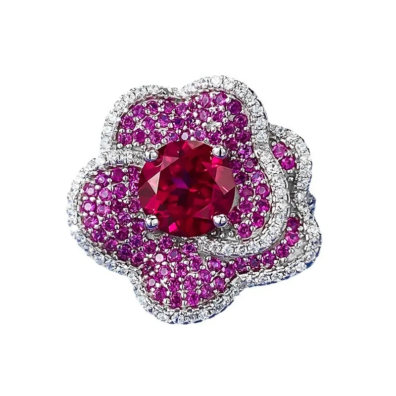 S925 Silver New Pigeon Blood Red Flower Ring Female Rose Petals Fashion Versatile Luxury Set
