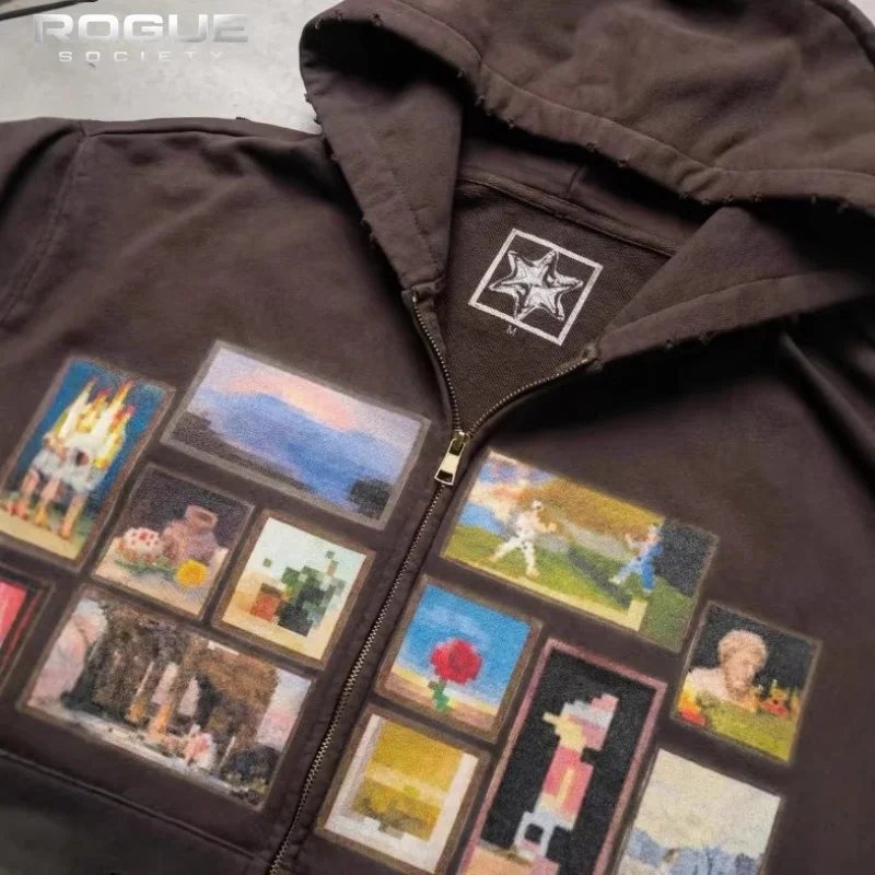 Sudadera con capucha corta para hombre con estampado artístico vintage coreano, cárdigan con cremallera desgastado, con múltiples gráficos, holgado, informal, estilo urbano, para uso diario, prendas de abrigo, tops