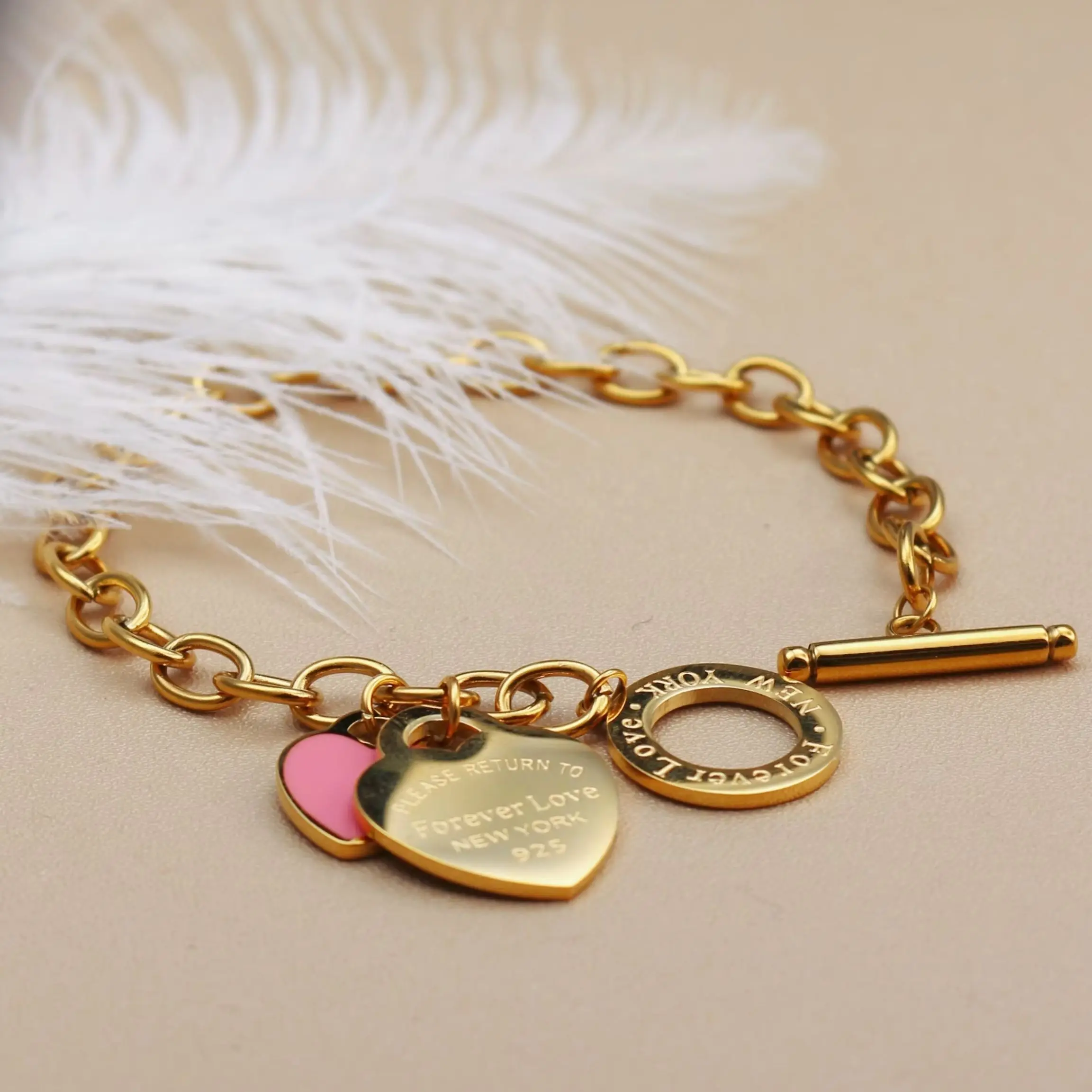 074Fashion Stainless Steel Gold Color Bracelet Double Heart Pendant Design FOREVER LOVE Women's Jewellery Bangle Wholesale Gifts
