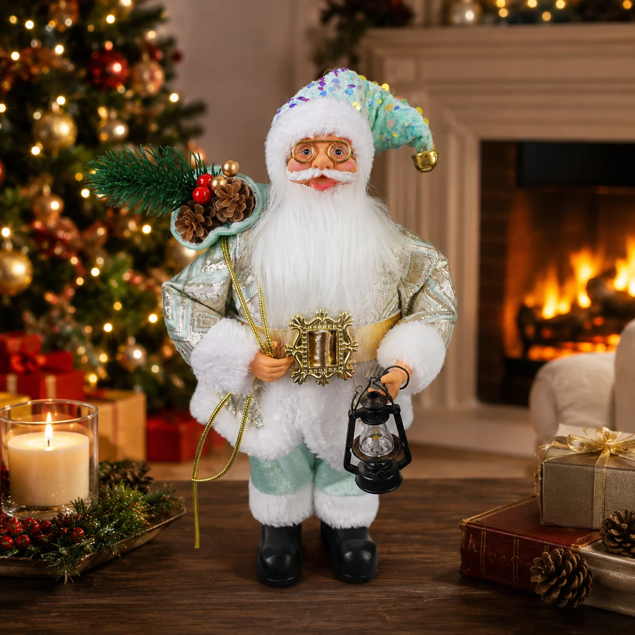 Christmas Santa Claus Figurine 30cm Elegant Blue Santa Statue with LED Lantern Evergreen Pinecone Decoration for Xmas Home Decor
