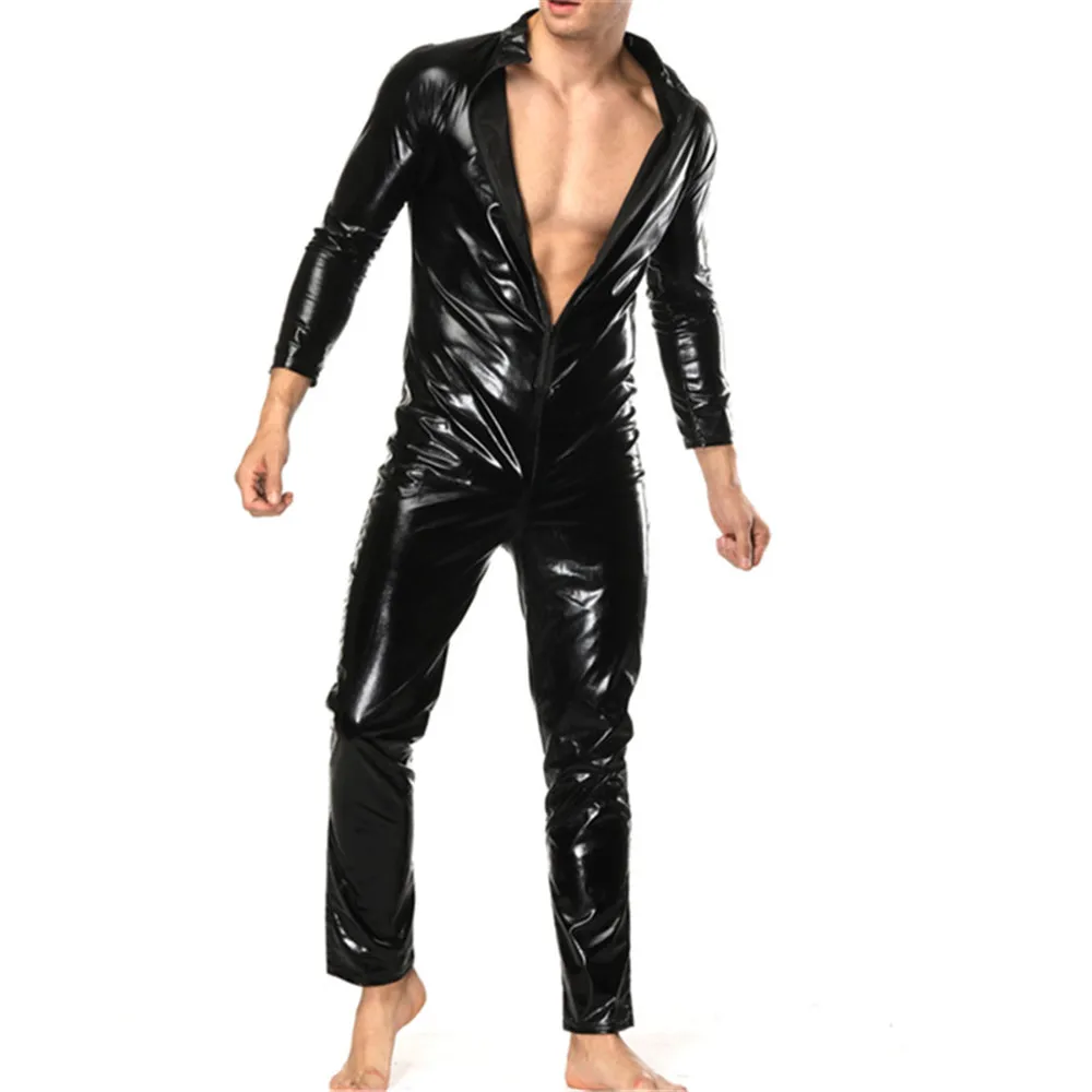 

Men's Wetlook Faux Leather Lingerie Jumpsuits Sexy Open Crotch Tights Catsuit Suit Male Fetish Costume Clubwear Bodysuit