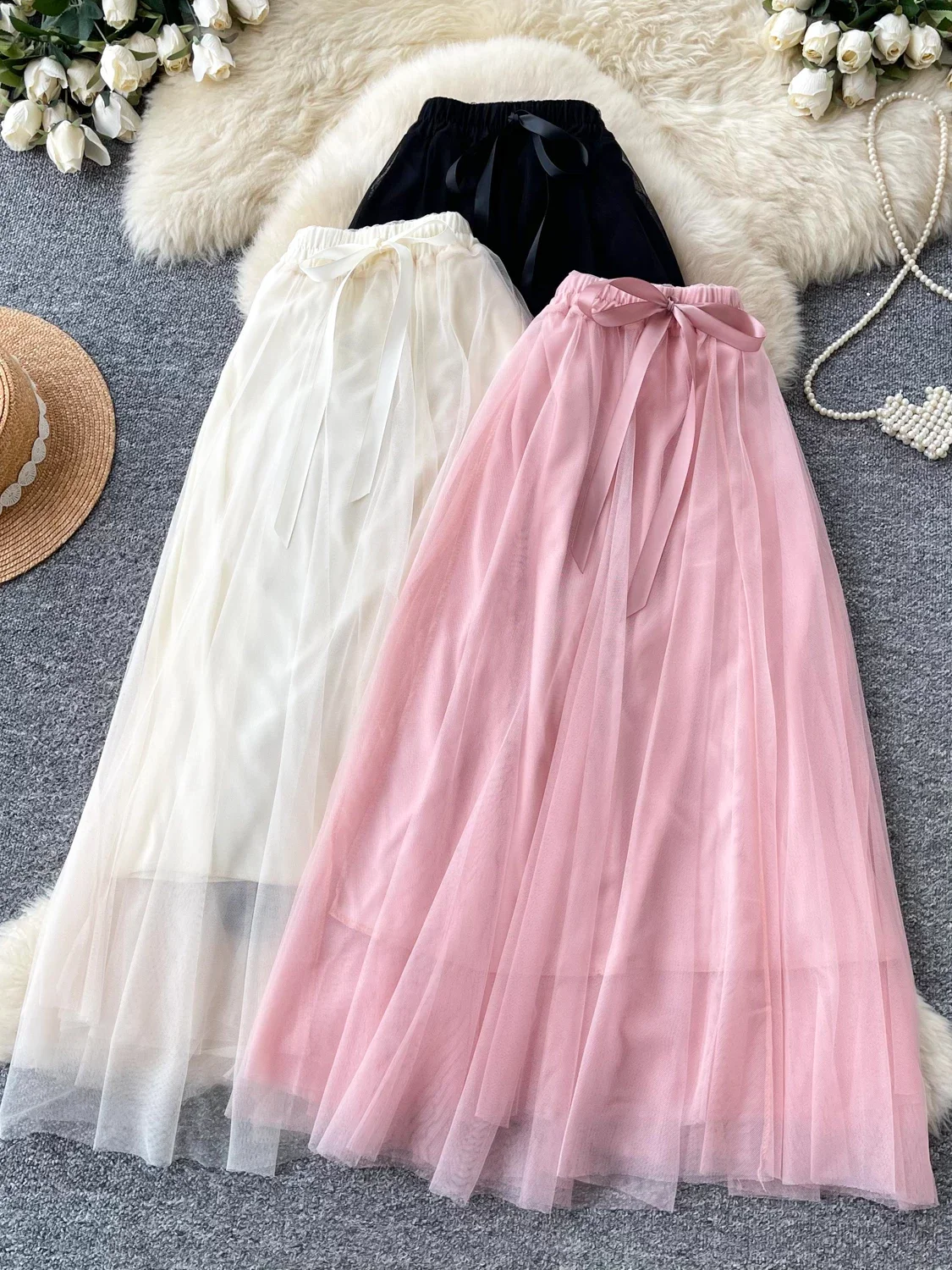 Women Pink Bow Mesh Skirt High Waist Tutu Skirt Y2K Gyaru Vintage Fashion Korean Style A-Line Long Skirt for Women Summer 2026