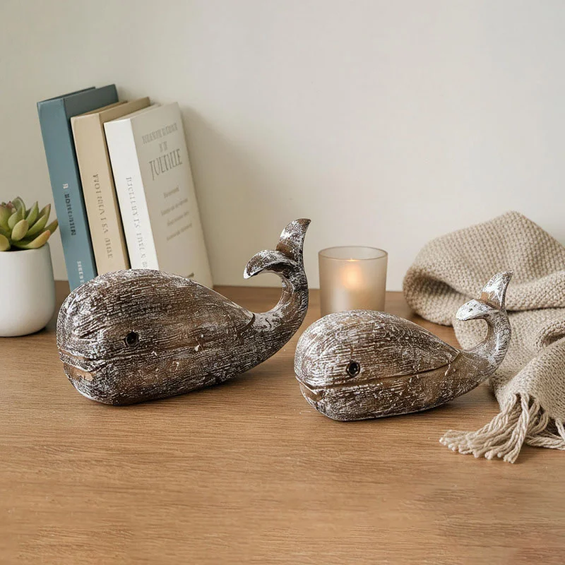 Whale Figurine Coastal Themed Nautical Statue Vintage Mediterranean Sea Wood Whale Dining Room