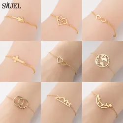 New Fashion Stainless Steel Chain Bracelet Women Double Heart Bracelets Simple Cross Star Moon Bangles Party Jewelry Wholesale