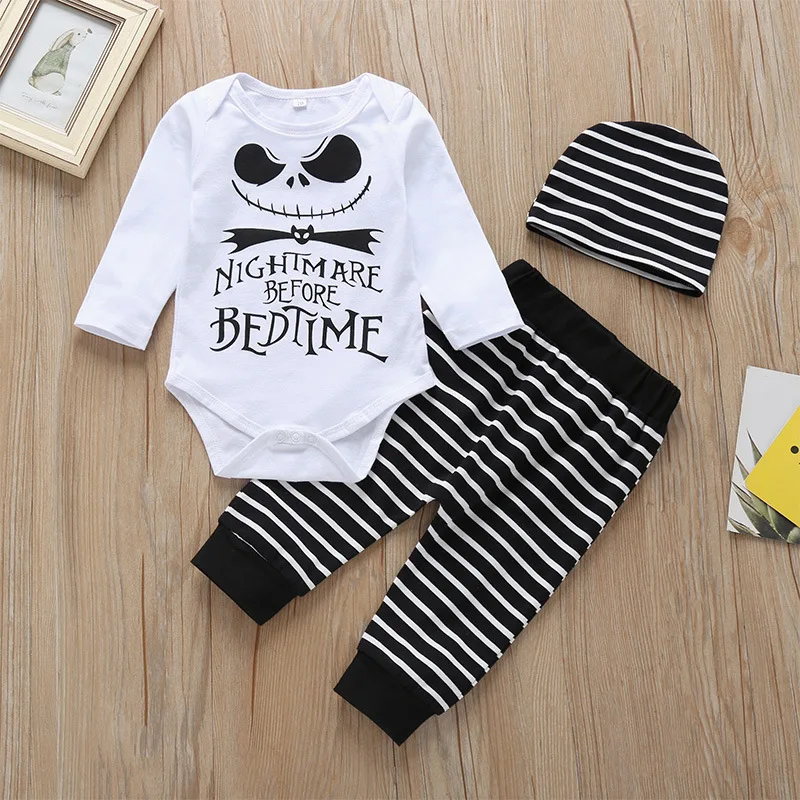 Baby Boy Girl Halloween Clothes Sets Newborn Infant Baby Cotton Letter Print Long-Sleeve Tops+Strip Pants+Hat 3 Piece Suits