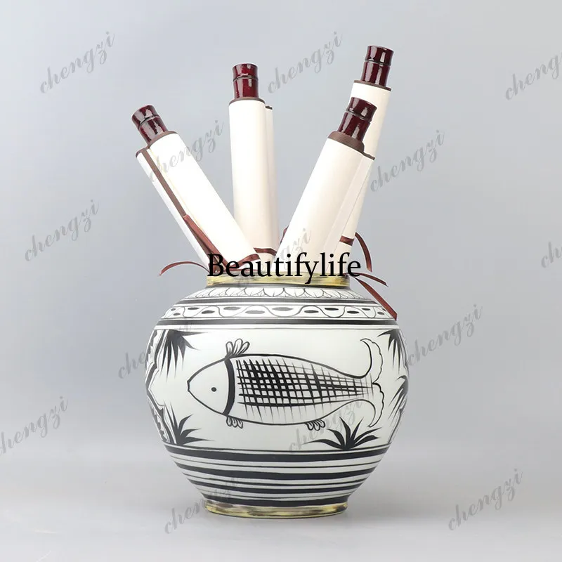 New Chinese painting and calligraphy cylinder scroll ornament, study decoration sales office ceramic vase jar decoration