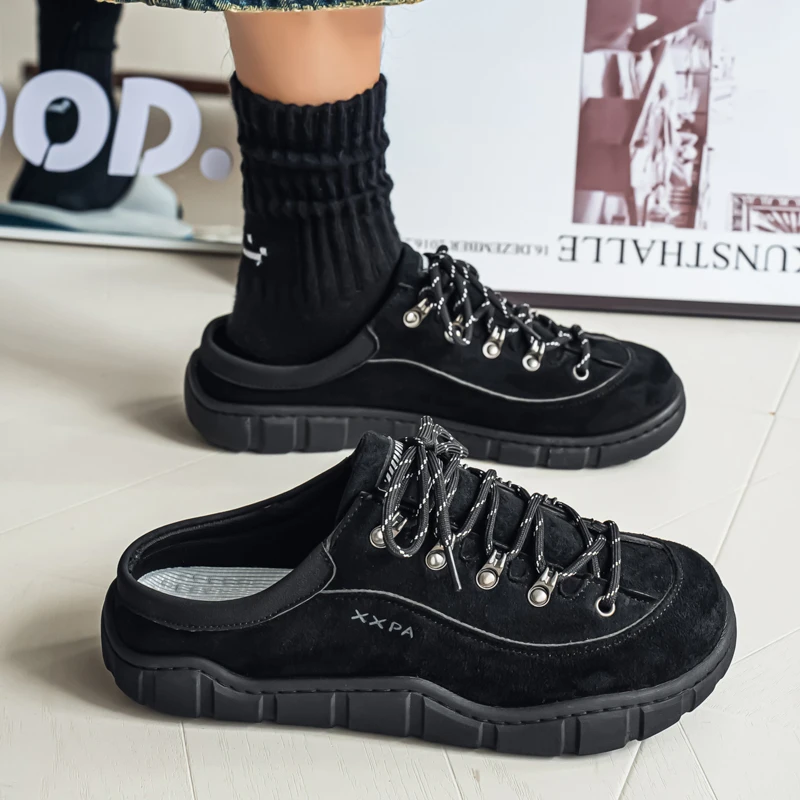 English：Spring Autumn New Plus Size Men Shoes High‑Quality Suede Leather Casual Mules Comfortable Thick Sole Half‑Back Slippers