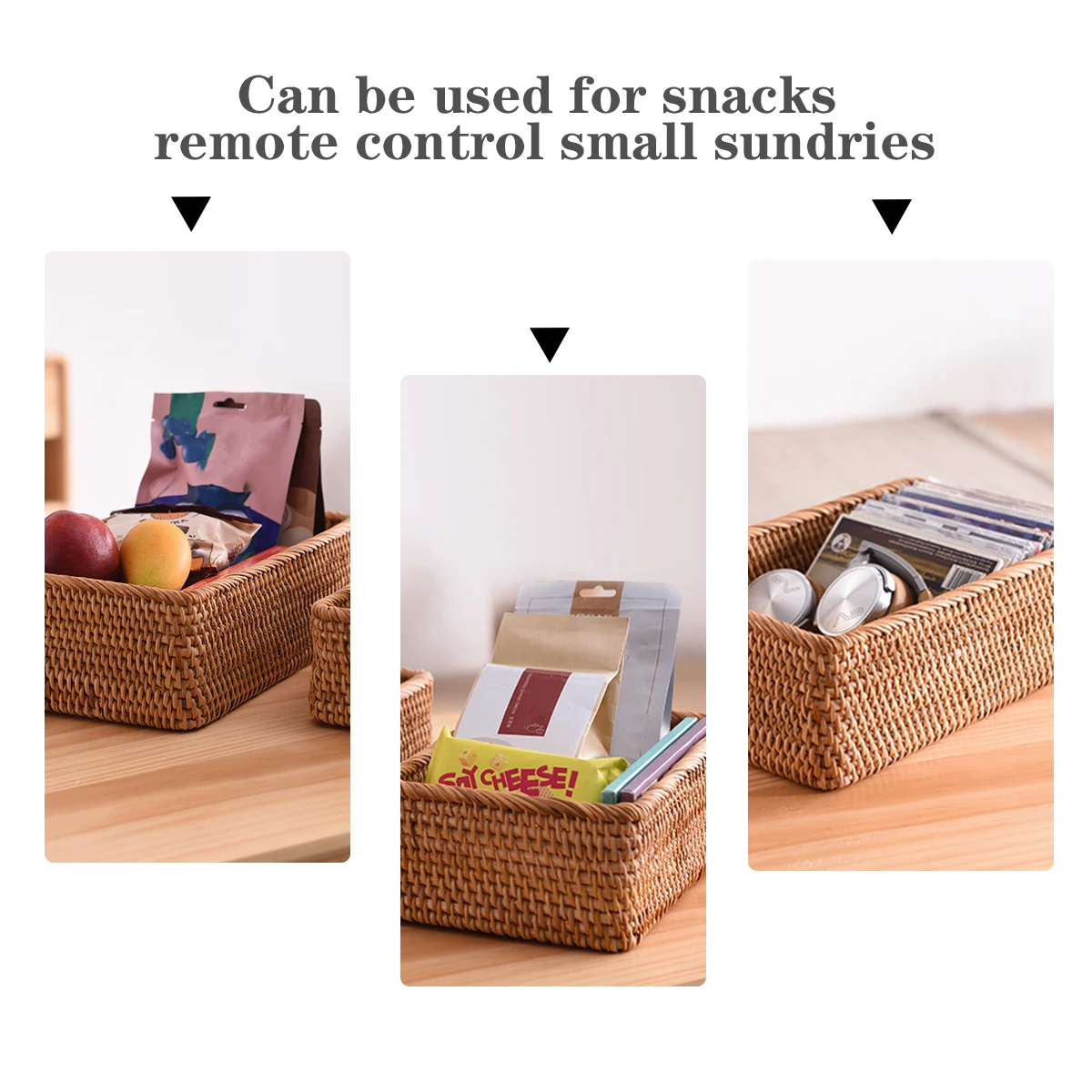 

1Pcs Rattan Woven Storage Basket Natural Handwoven Square Desktop Sundry Organizer Kitchen Snacks Basket Home Office Use Size M