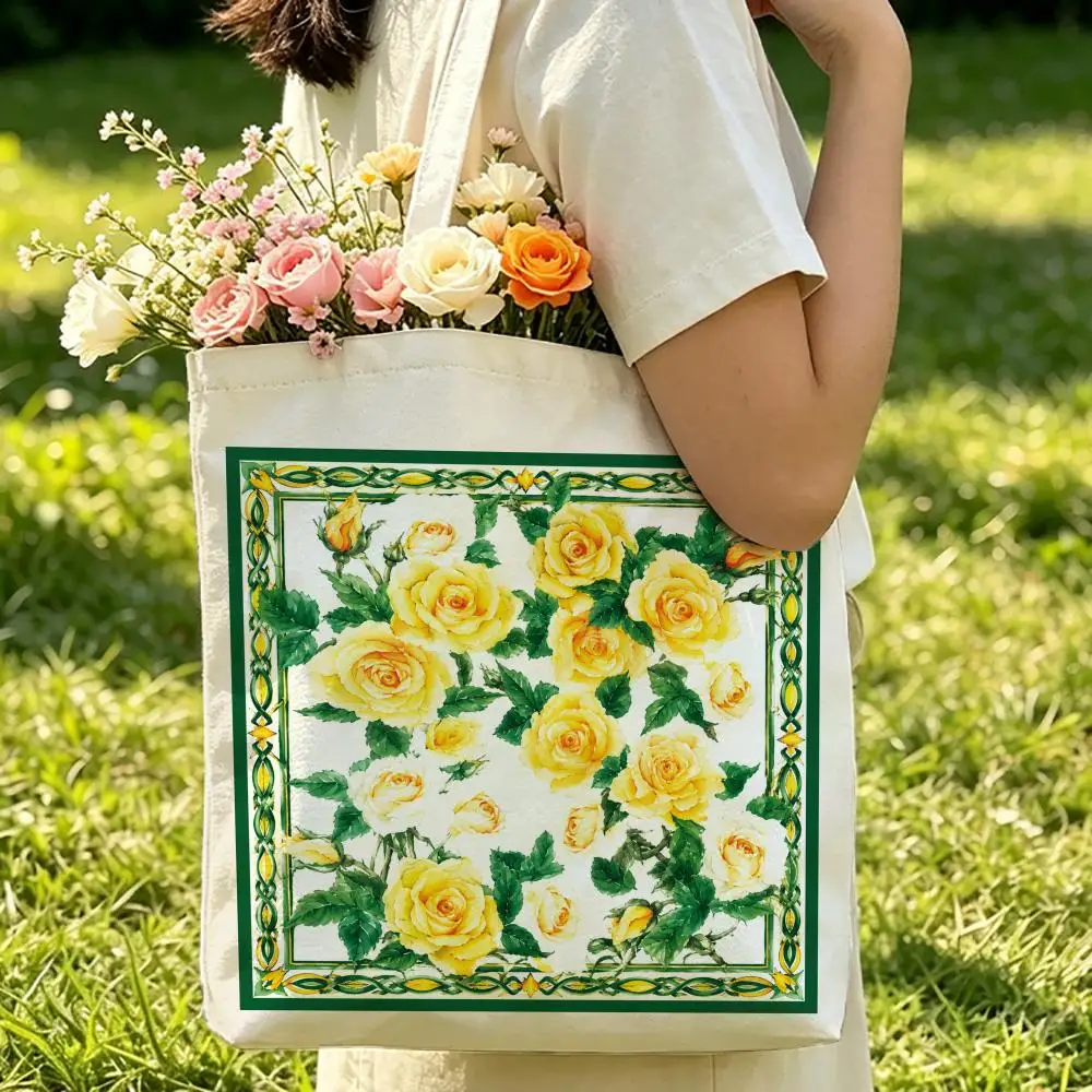 Fashionable Pattern Prints Storage Bags Canvas Double-Sided Print Durable Tote Bag Beach Travel Picnic Foldable Eco Handbag 2