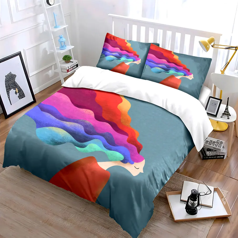 

3Pcs Pastel Abstract Girl Print Bedding Set, Woman with Multicolor Hair Print Duvet Cover, Boho Minimalist Style