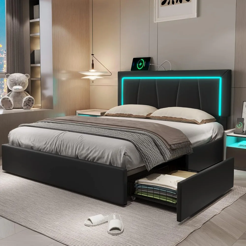 

Full Bed Frame with 4 Storage Drawers, LED Light Platform Bed Full Size with Charging Station Artificial Leather Bed Bases