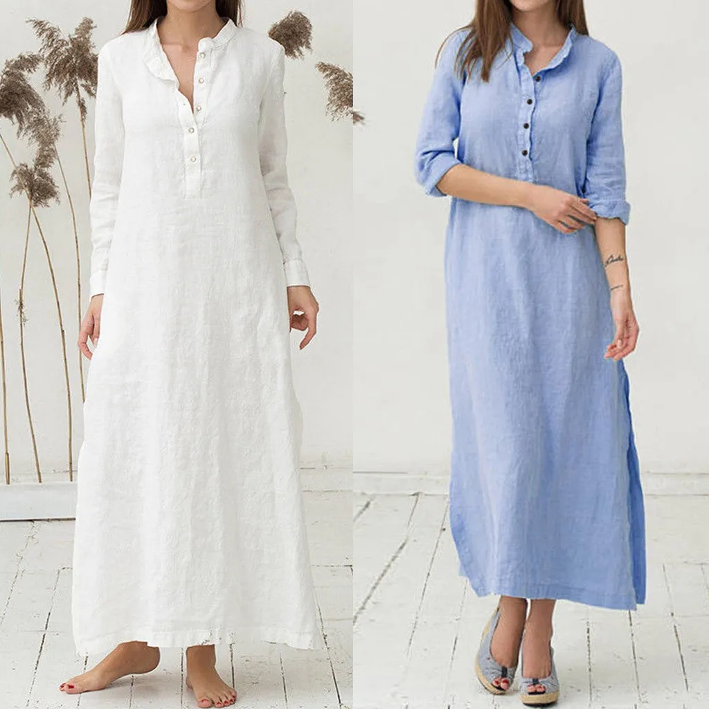 

Women Cotton Linen Long Blouse Dress Spring Summer Long Sleeve Solid Button Casual Shirt Maxi Dresses Vintage Oversized Kaftan