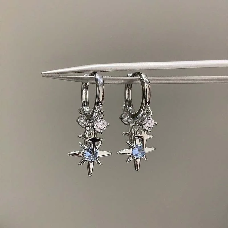 New Y2K Blue Zircon Star Tassel Pendant Earrings For Women Men Silver Color Ear Buckle Jewelry Gift Accessories Wholesale Sales