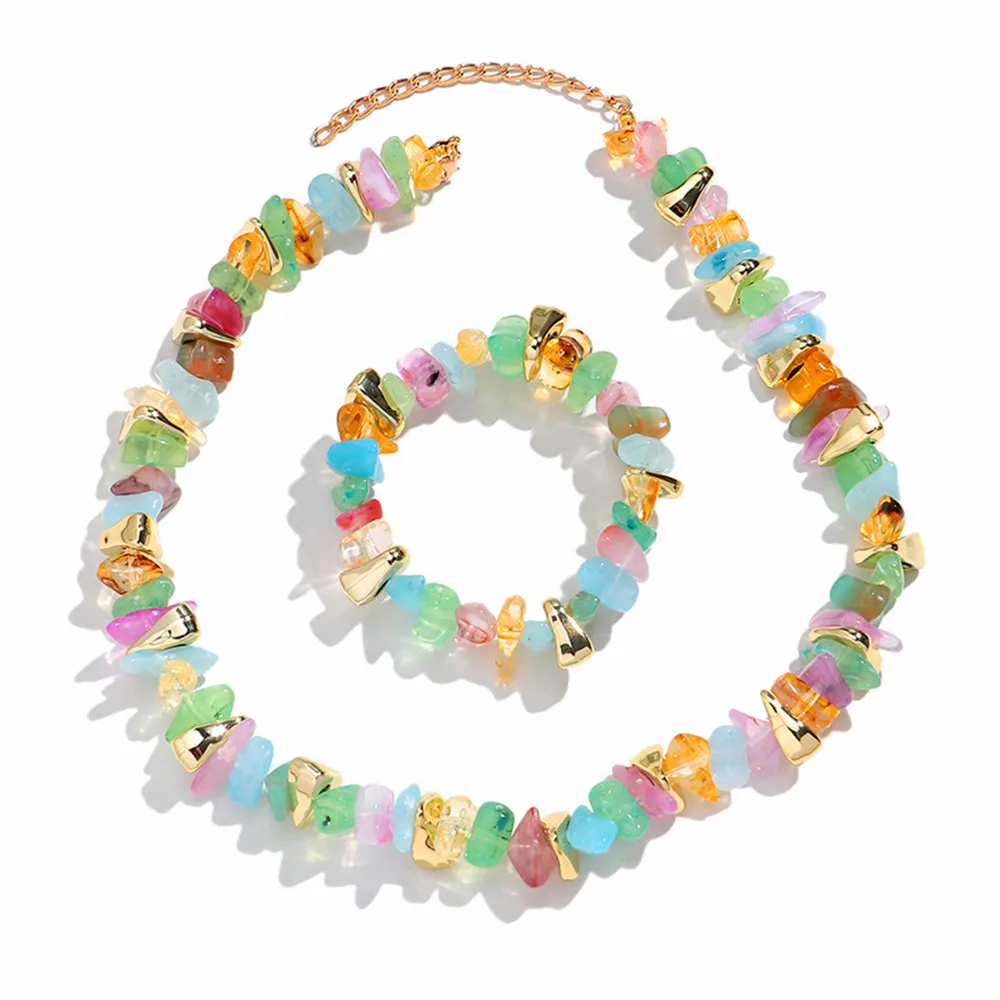 Boho Colorful Transparent Gravel Stone Beaded Necklace Bracelets Set Irregular Geometric Beads Choker Necklace Women Jewelry