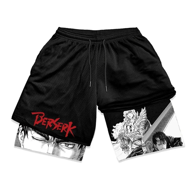 Fashionable Anime Printed Double Layer Shorts Breathable Two-in-one Men\'s Sports Shorts Jogging Fitness Casual Shorts S-5XL