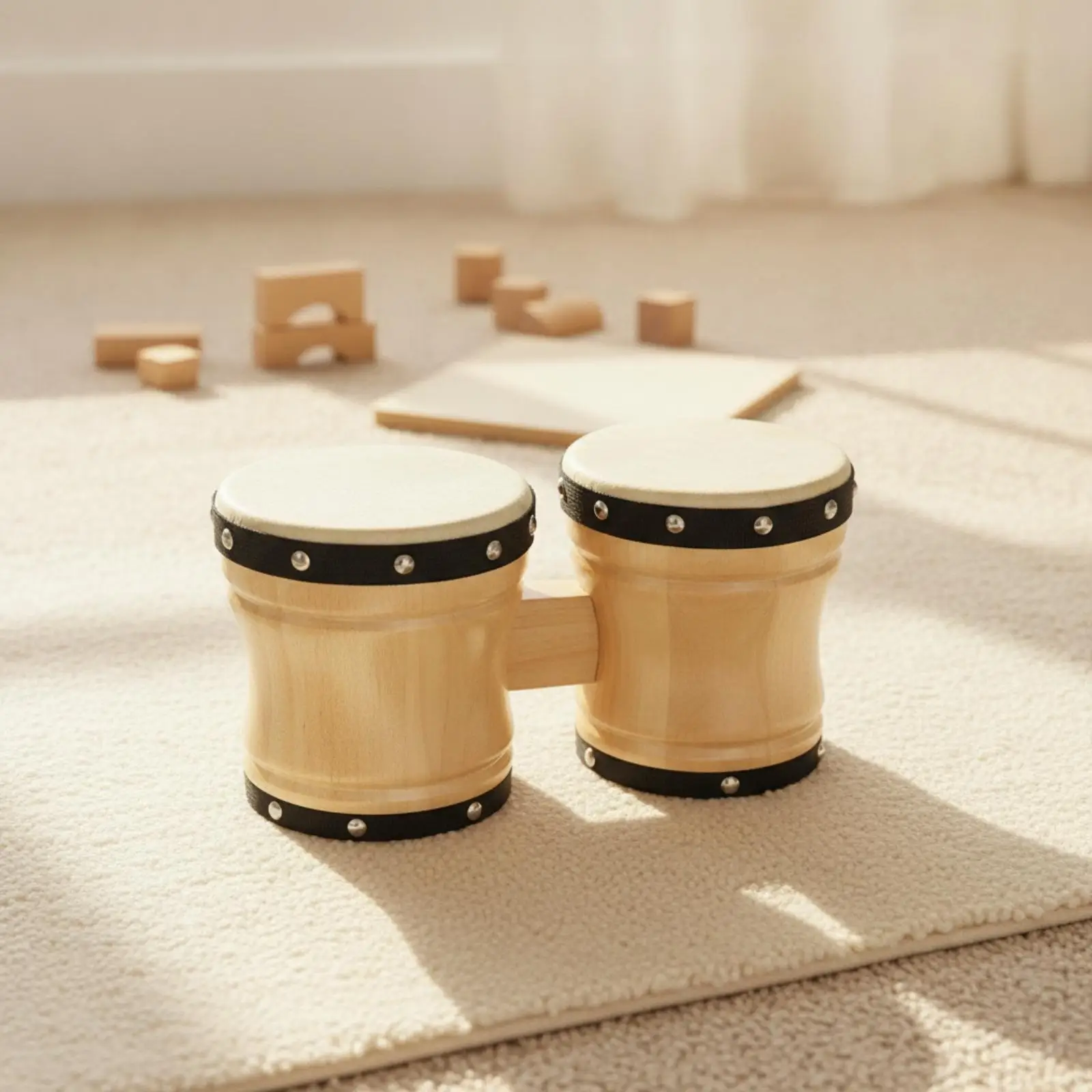 Percussion Bongo Drums | Wood Finish, Compact Connected-Pair Design, Bongos, for Rhythm Practice
