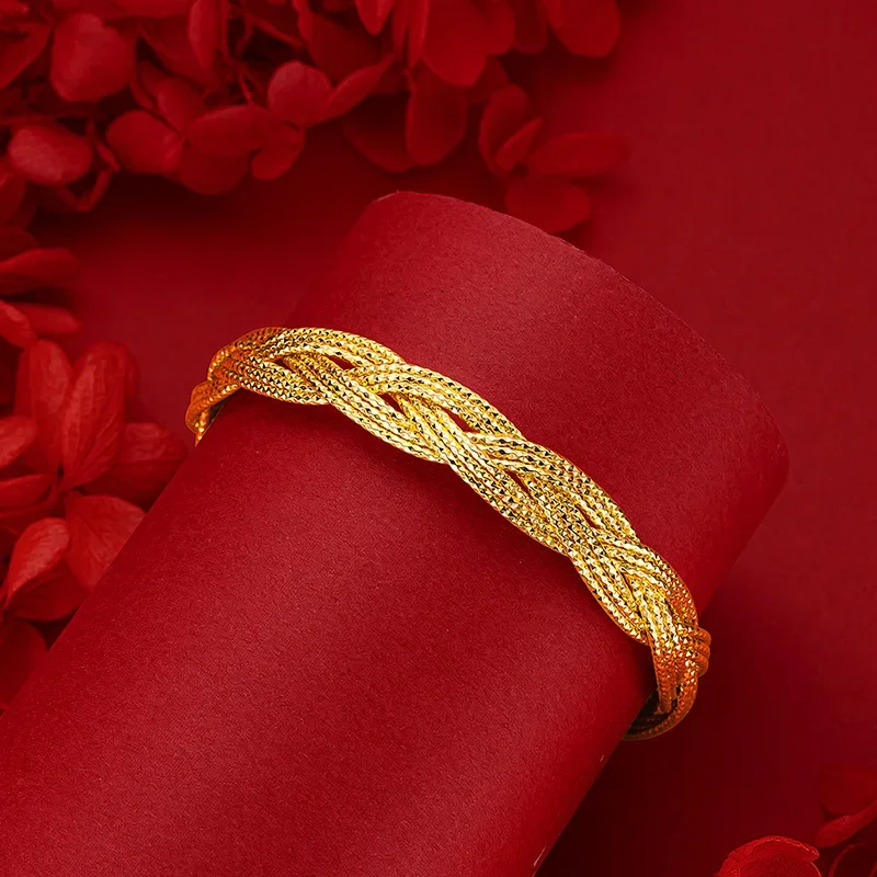 9999 Real Gold 24K Niche High-end Filament Twist Woven Bracelet Gold Fashion Light Luxury Twist Woven Flash Bracelet