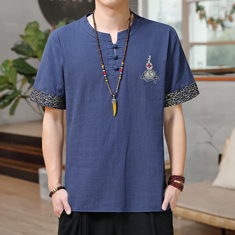 M-5XL Plus Size Chinese Style Blouse Gourd Embroried Means Good Fortune Short Sleeve Hanfu Top Frog Button Summer Linen Shirt