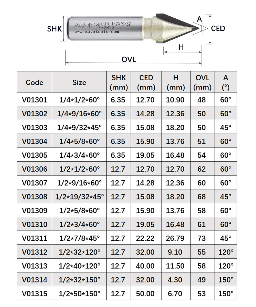 ARDEN V Bit 45 60 120 150 Degree Engraving Router Bit  Carbide Woodworking 3D Carving V-shaped Bevel Tipped Milling Cutter MDF