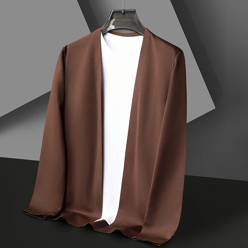 

Minimalist Men Seamless Cardigan Light Gray Khaki Navy Coffee Brown Medium Green Black Basic Coats Autumn Spring Cosy Attire