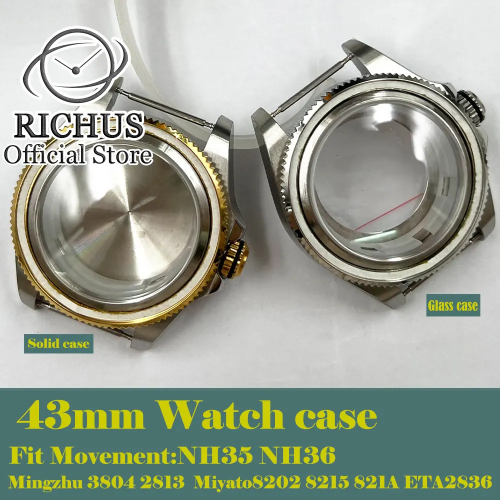 43mm Sapphire Glass Silver Watch Case Fit NH35 NH36 ETA2836 DG2813 3804 Miyota 8215 821A 8205 8200 Movement