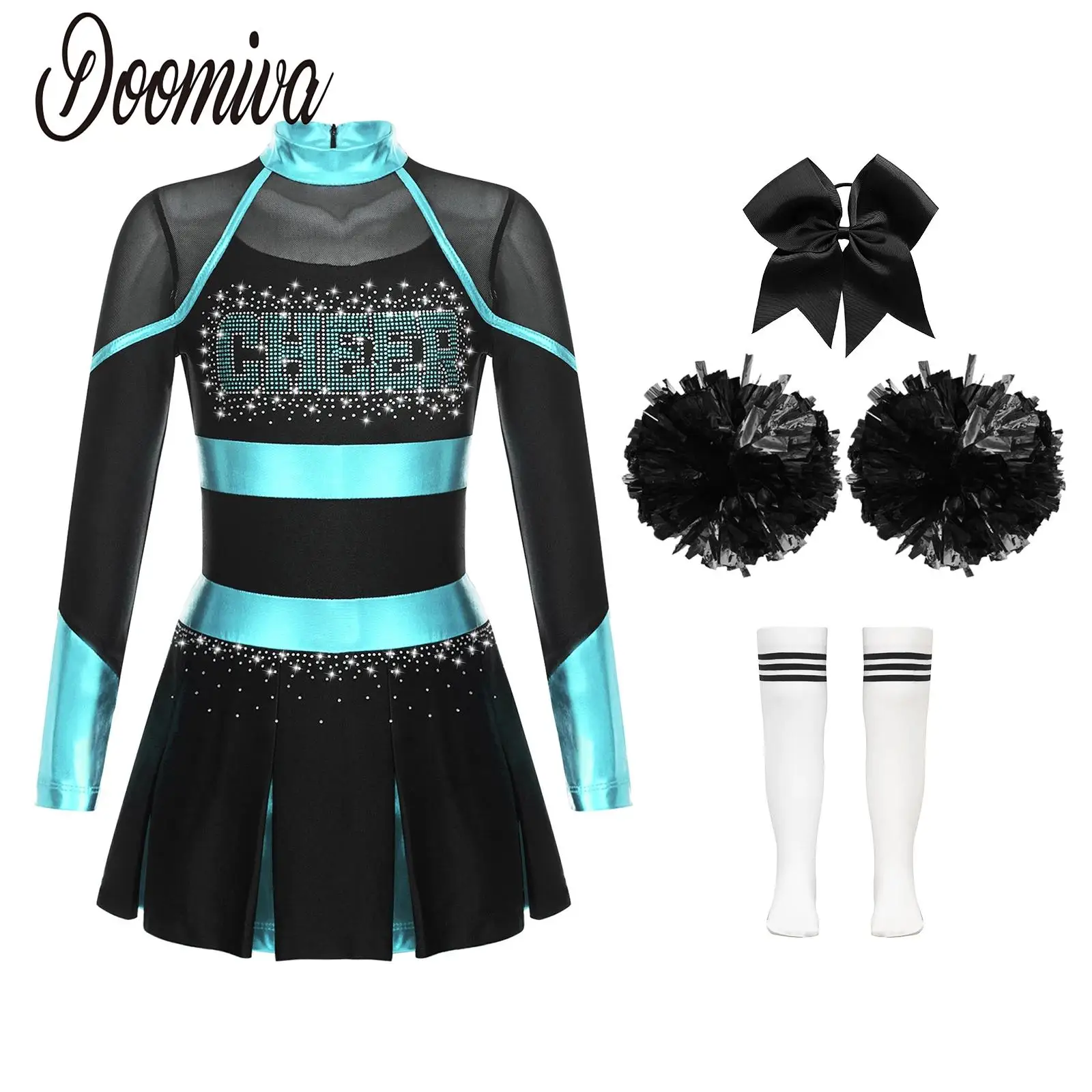 

Girls Cheerleader Uniforms Schoolgirl Dance Outfit with Pompoms Cheer Suit Cheerleader Costume Pleated Dress Headwear and Socks