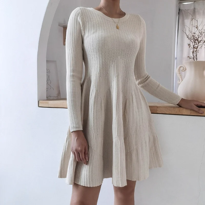 Vestido de punto de manga larga para mujer, Vestido corto informal, blanco roto, moda de otoño e invierno, novedad de 2022