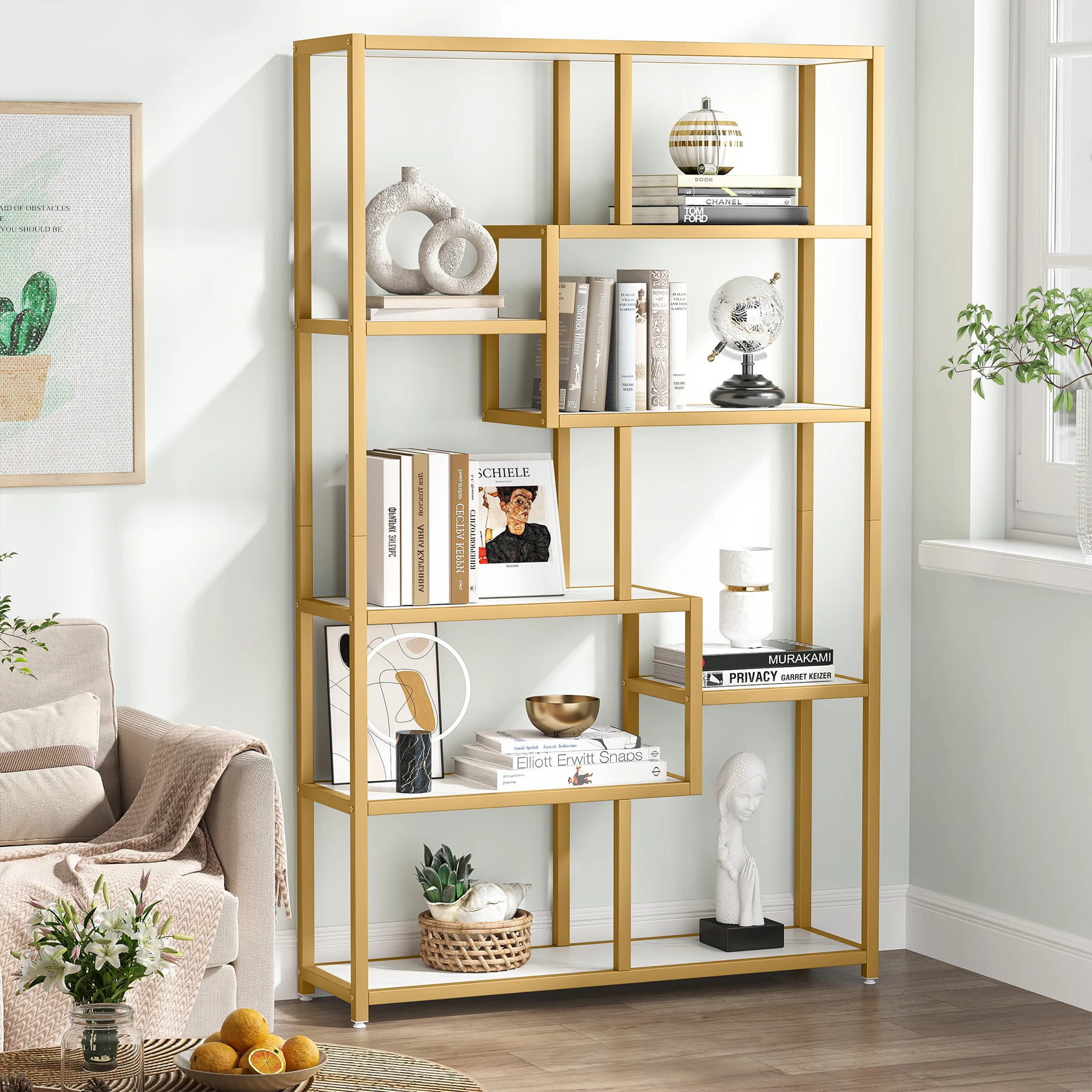 Tribesigns Bookshelf 5 Tier Etagere Bookcase, Modern Gold Book Shelf Organizer Display Rack with 8 Open Storage Shelf image 5