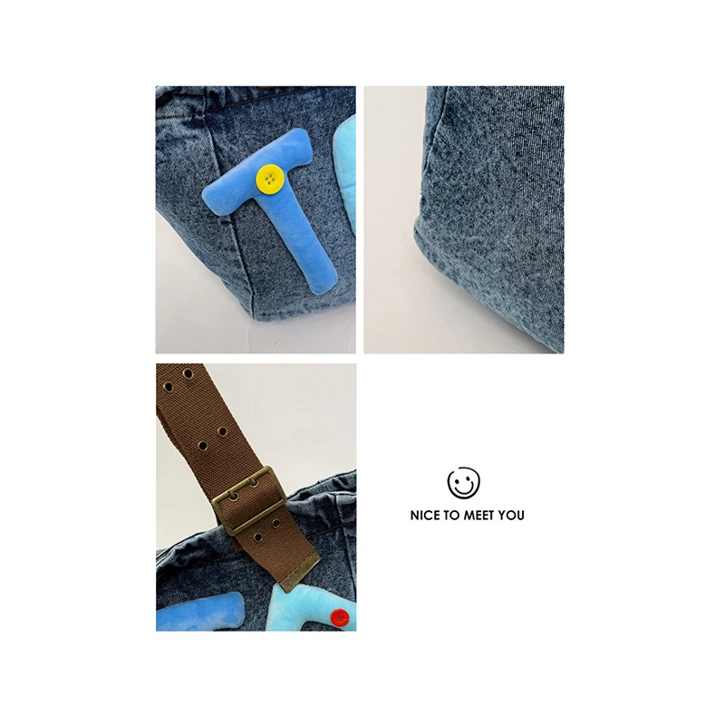 Gewaschene Denim Vintage Schultertasche, Große Kapazität Y2k Mädchen Flauschige Buchstaben Farbige Knöpfe Tragetasche, Hobo Pendler Canvas Handtasche – Detail 6
