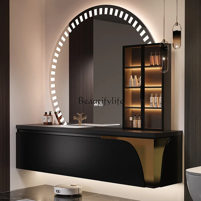 

Modern light luxury oak bathroom cabinet combination new rock slab integrated wash basin