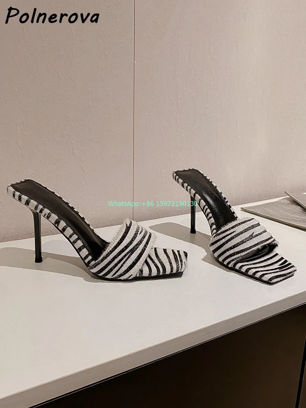 

Velvet Black White Stripes Slippers Square Toe Slip On Thin Heels Stiletto Shoes Summer Fashion Outdoor All Match Peep Shoes