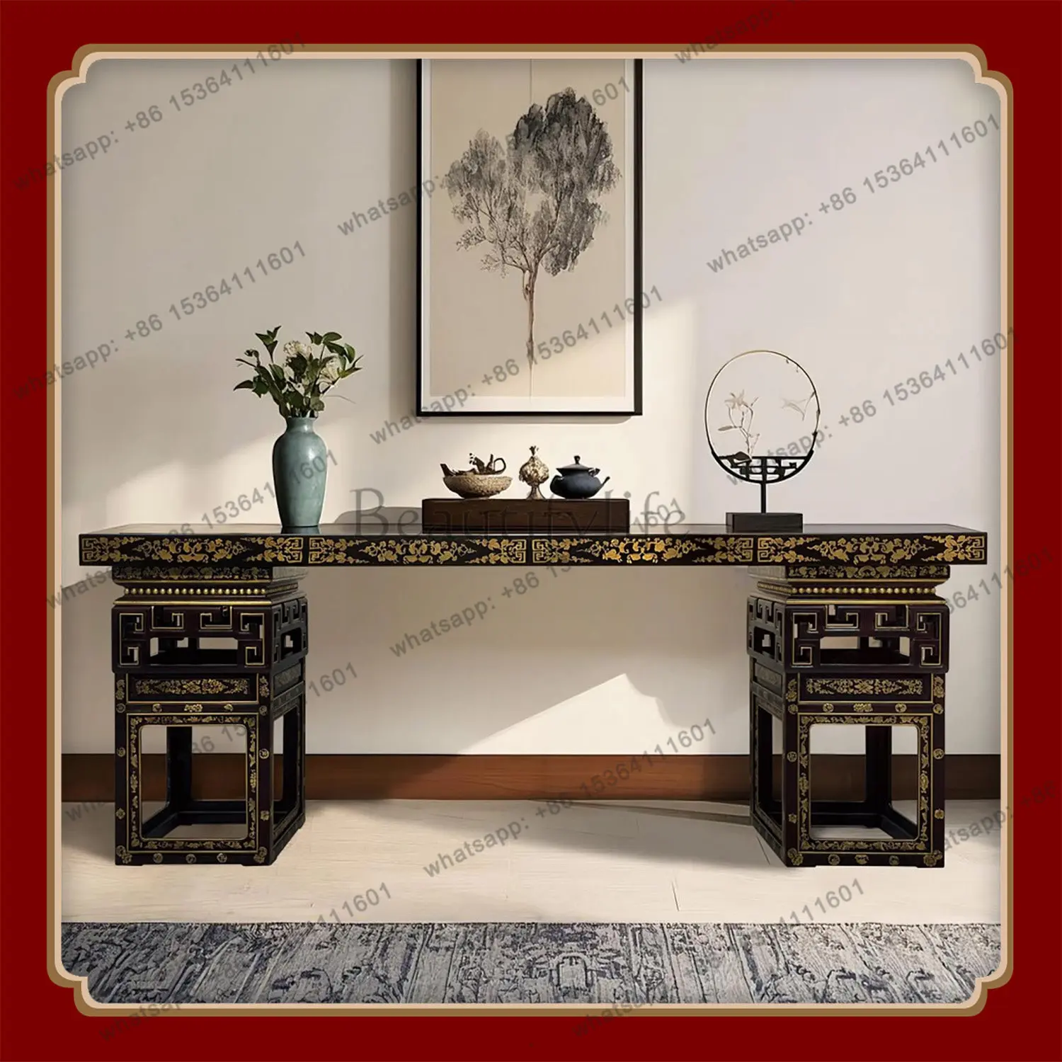 TS66 new Chinese style solid wood long table hand-painted lacquer painting long coffee table 220 * 50 * 83cm
