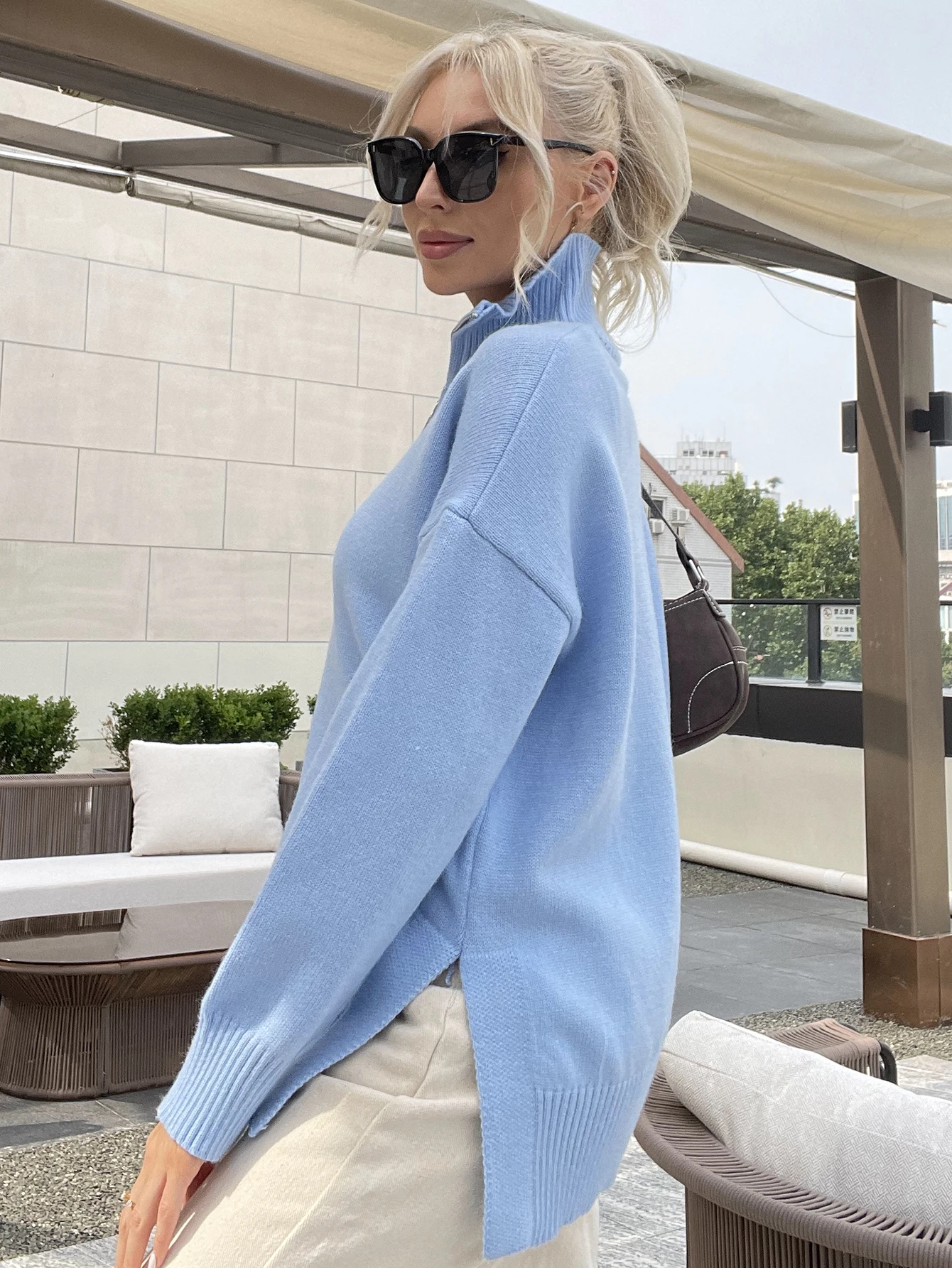 Wixra Sweater Autumn Winter Zipper Stand Collar Pullover Women Soft Split Knitwear Long Sleeve Loose Casual Knitted Tops