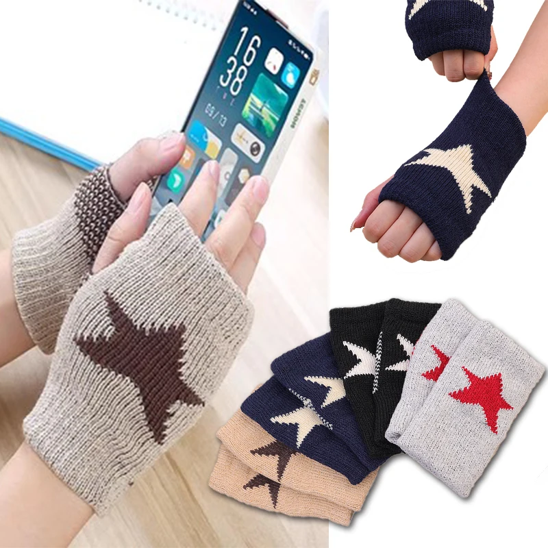 Universal Fashion Couple Half Finger Pentagram Y2K Gloves Autumn Winter Knitted Woolen Versatile Gloves General Warm Dew Gloves