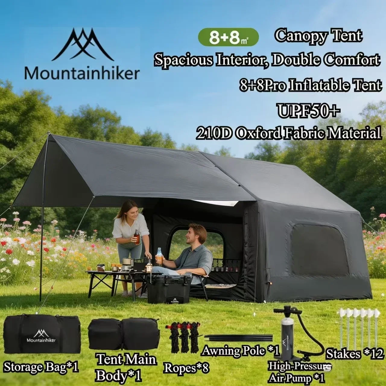 

Надувная палатка MOUNTAINHIKER 8+8м² для кемпинга, 4-6 человек, водонепроницаемая, семейная, с навесом, для пляжа, быстрораскладная, для рыбалки, пикника, парка