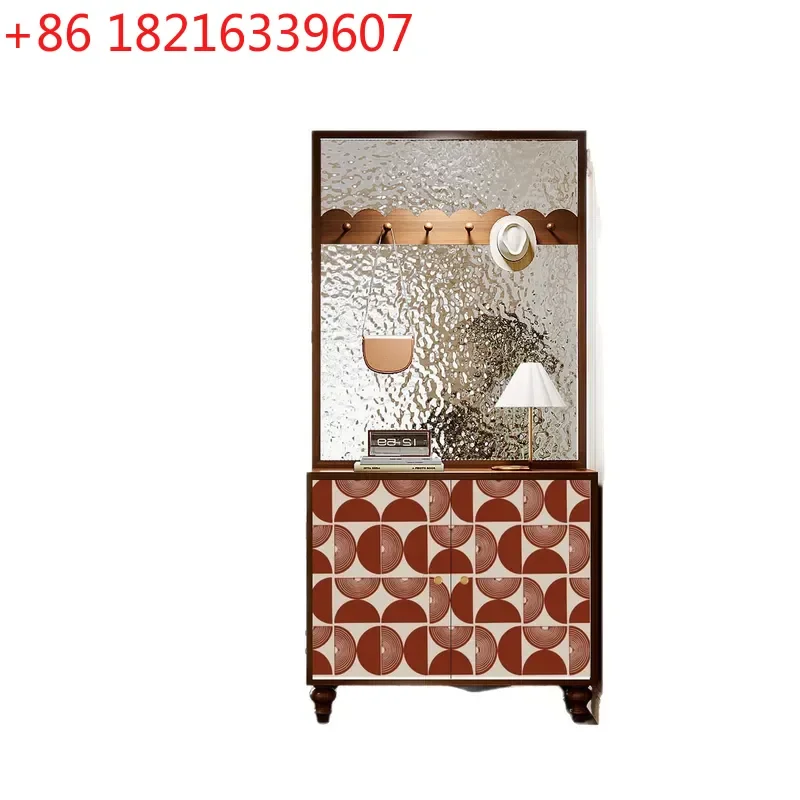 YAORetro Geometric Solid Wood Entryway Cabinet with Water Pattern Glass Door Living Room Storage Shoe Rack Screen Partition