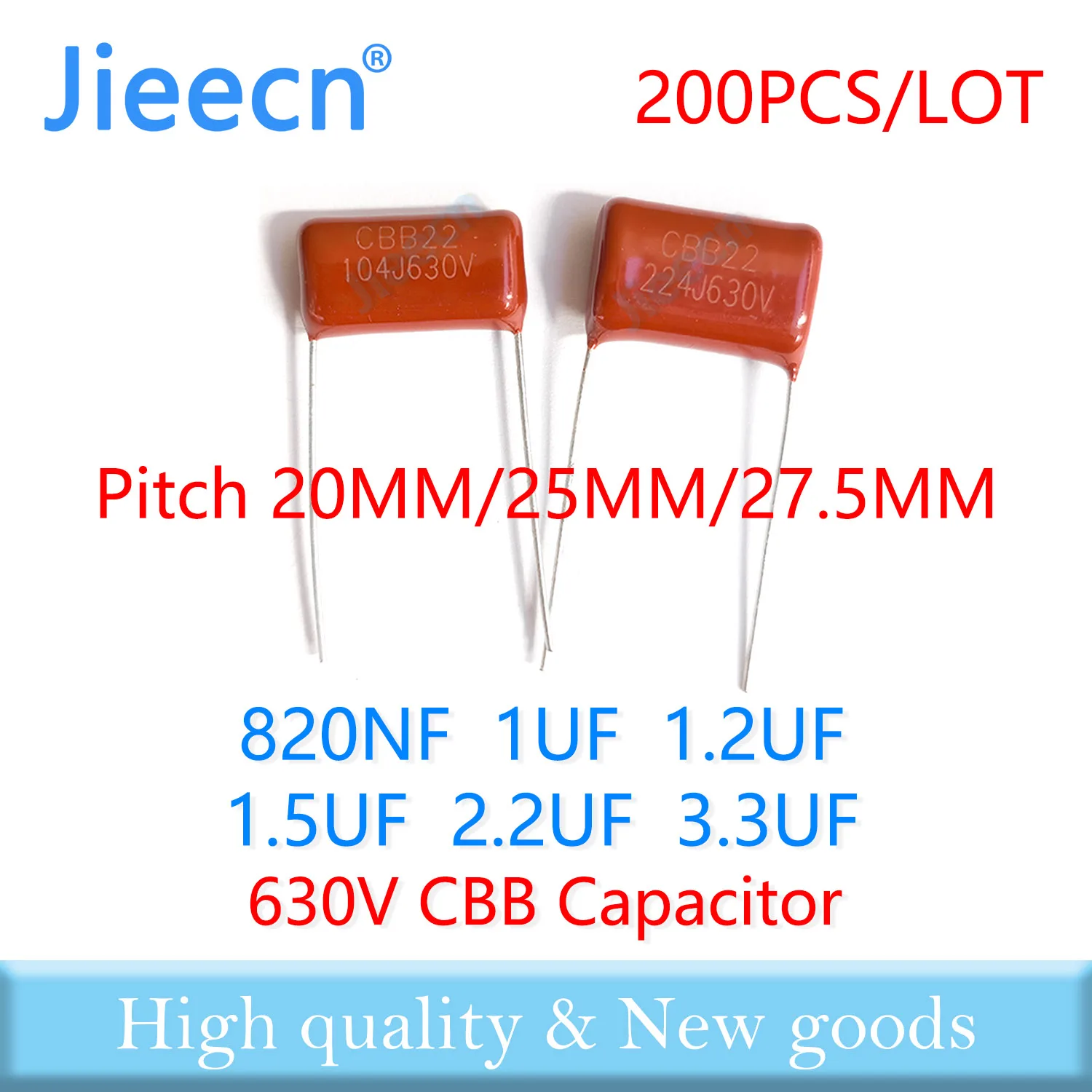 200PCS 630V 20MM 25MM 27.5MM 820NF 1UF 1.2UF 1.5UF 2.2UF 3.3UF 824J 105J 125J 155J 225J 335J CBB Polypropylene Film Capacitor
