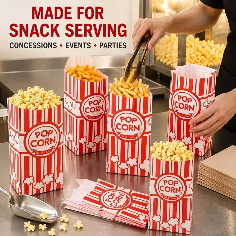 25/50pcs Red/White Striped Popcorn Bags, Carnival Party Snack Containers for Cinemas Weddings Candy Fries