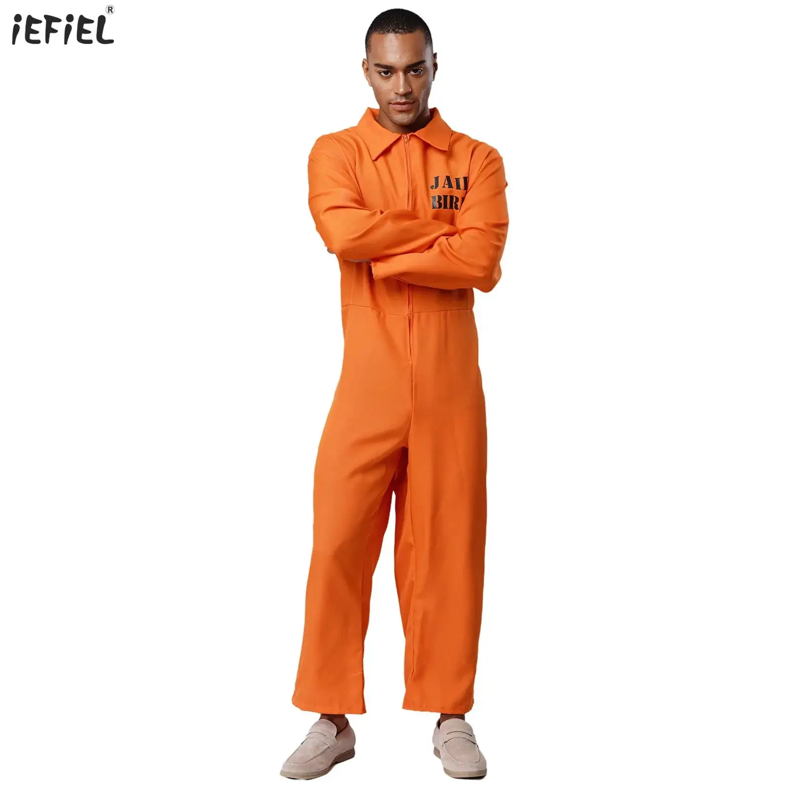 

Men Orange Prisoner Jail Costume Halloween Prisoner Cosplay Jumpsuit Lapel Long Sleeve One Piece Unitard Adult Inmate Clothes