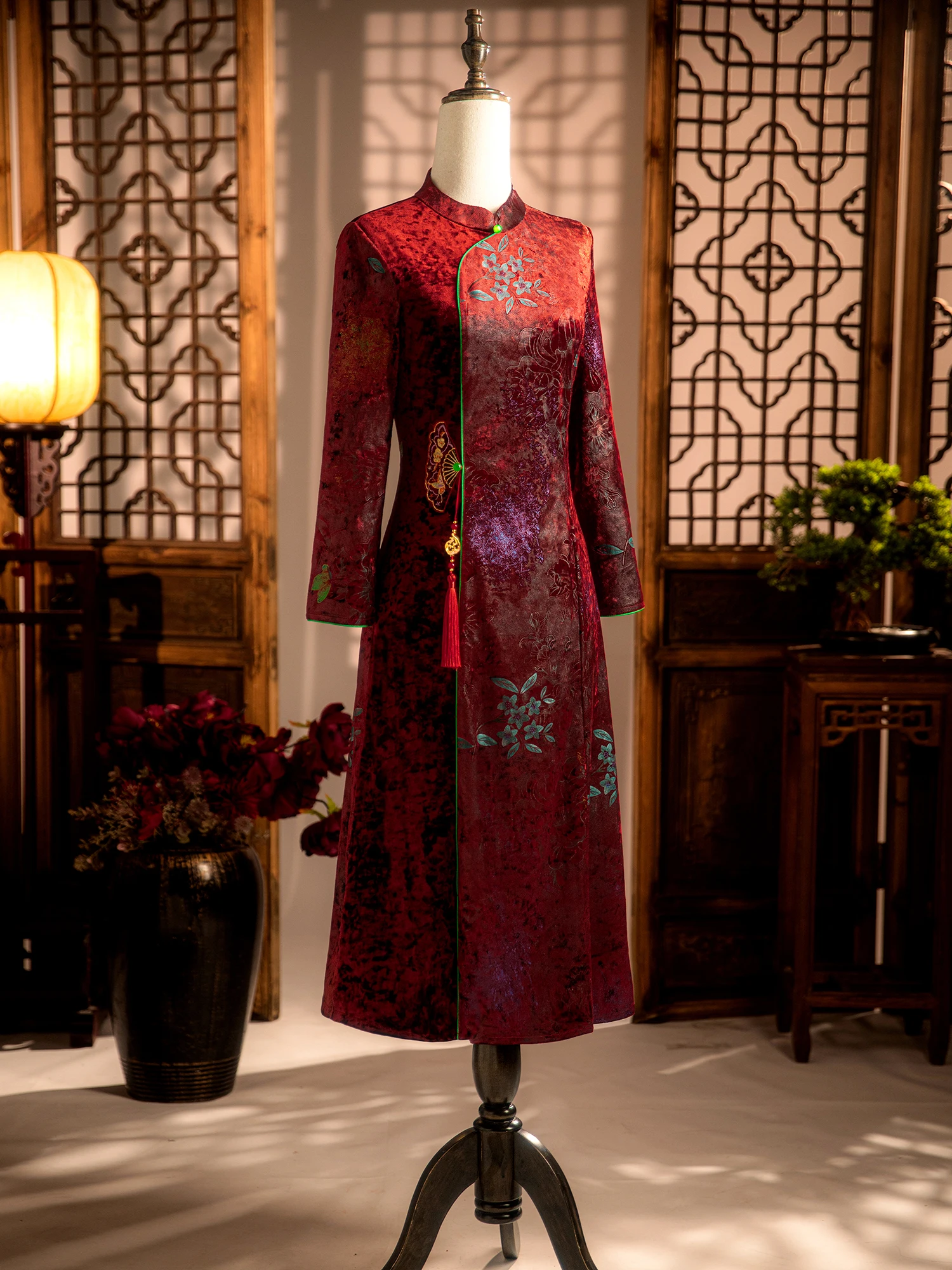 

Red Diamond Velvet Long Sve Wedding Dr Mommy of the Bride Autumn Winter New Arrival Embroidered Fan Vintage S...