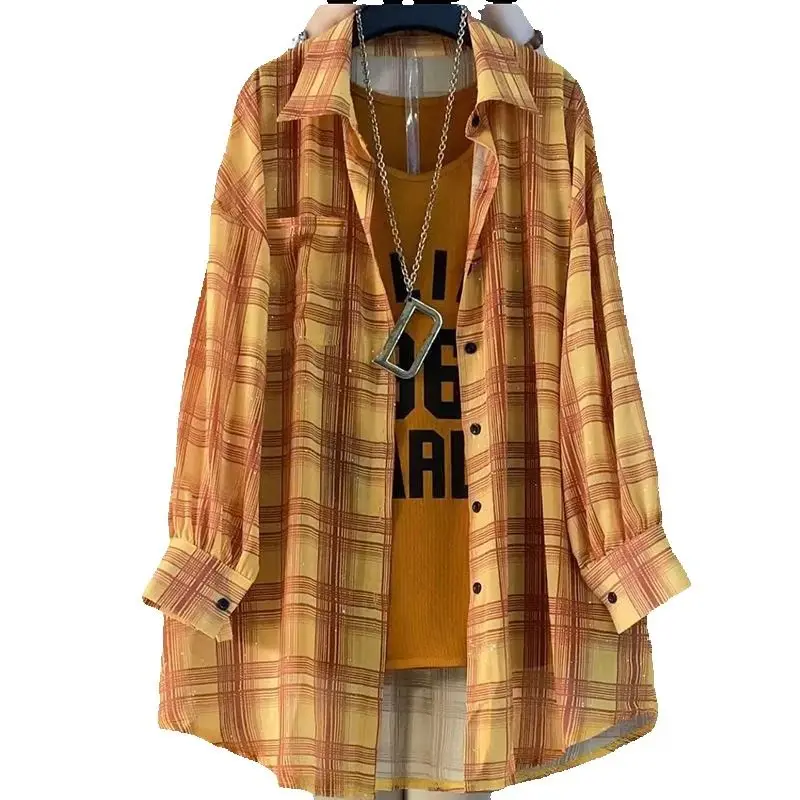 Nowa letnia moda 2026: szyfonowa kurtka chroniąca przed słońcem, damska, plus size, jasna koszula w kratę, zapinana na guziki, wiatrówka damska.