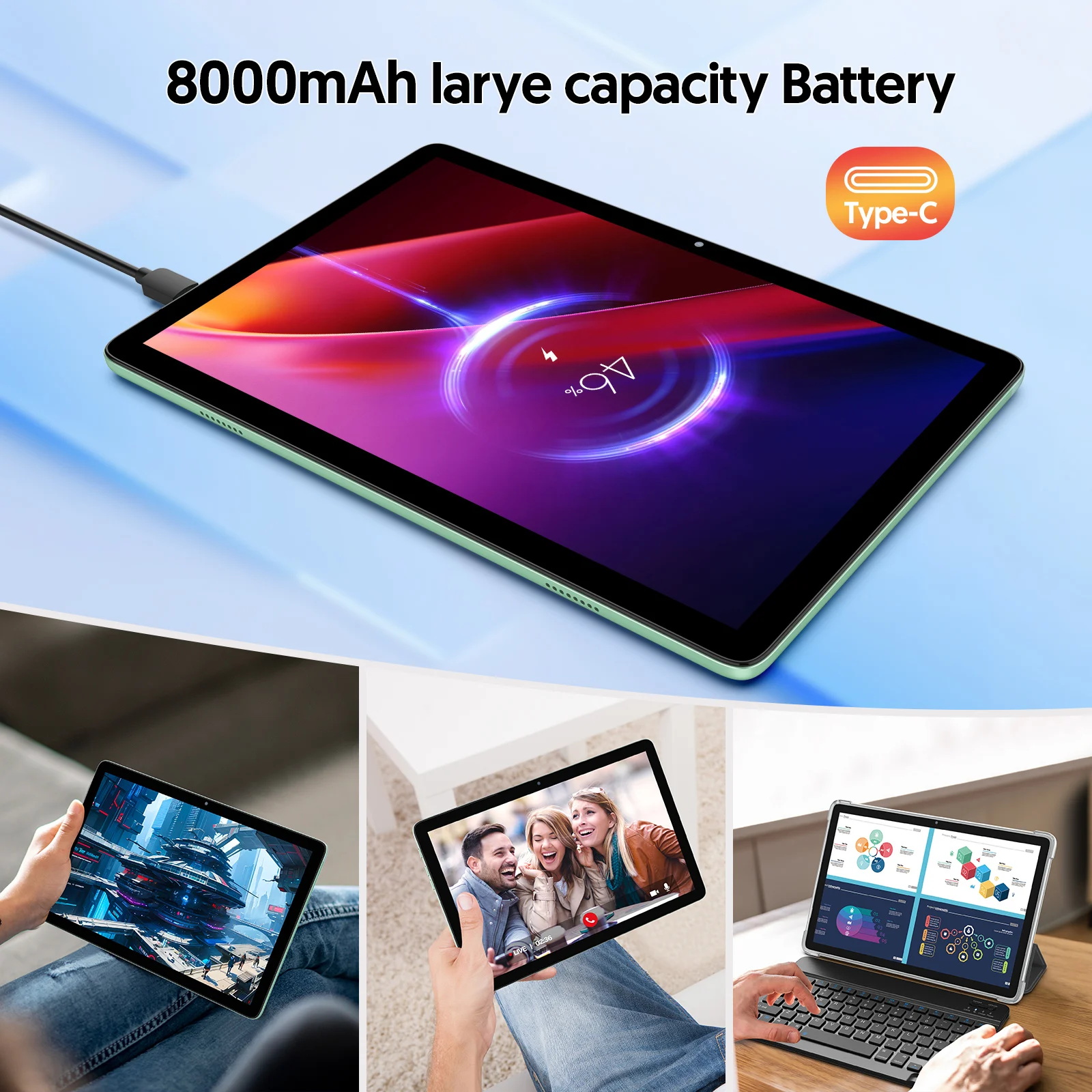 10-дюймовый планшет Android 14 с клавиатурой, мышью, защитным чехлом, стилусом, окта-ядерным процессором, 8 (4+4) ГБ + 128 ГБ, сертифицированный GMS